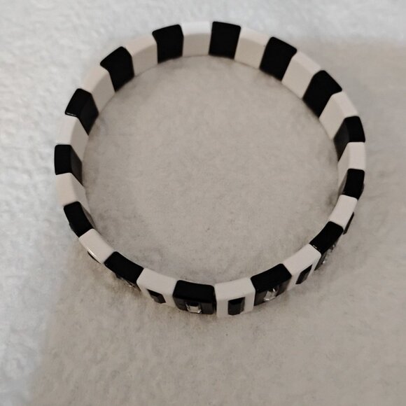 Unisex Black&White Reflective Inserts Geometric Beads Mix Media Elastic Bracelet - Picture 3 of 9